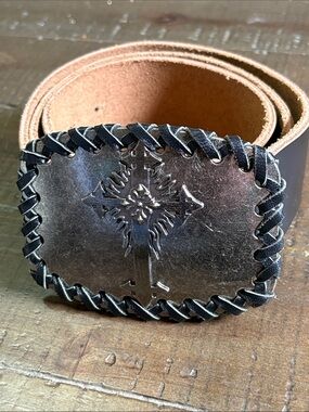 Handcrafted Black Leather Ranchero Belt with Metal Cross Buckle Sz 40